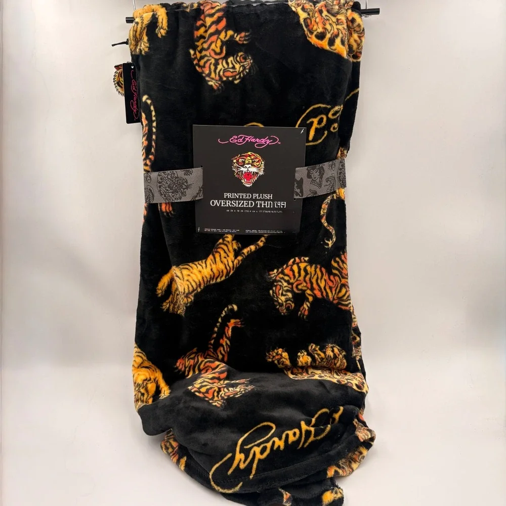 Ed Hardy Tiger‎ Print Plush Oversized Throw Blanket Black Orange 60x70 New